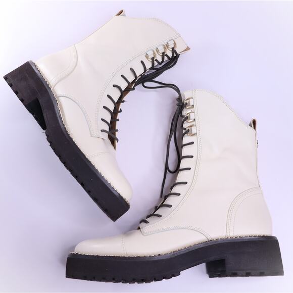 SAM EDELMAN Lenley Combat Boots Modern Ivory Chain Trim Lace Up Women's 6 - Picture 1 of 10